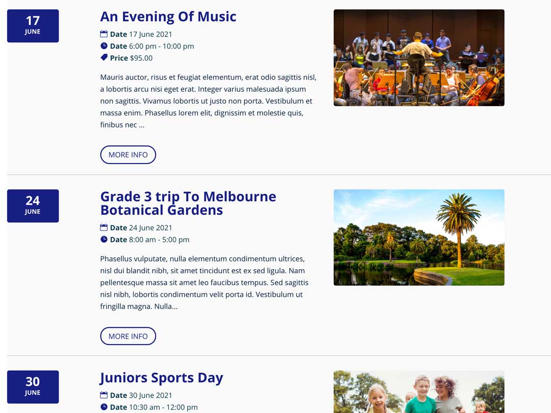 Events page layout