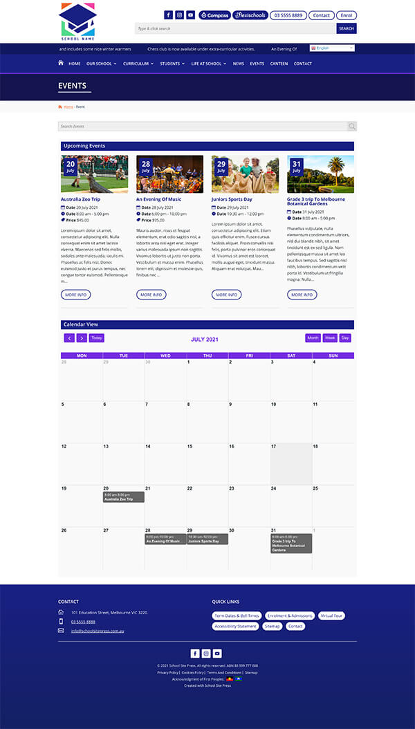 School Website Design Calendar Events Display